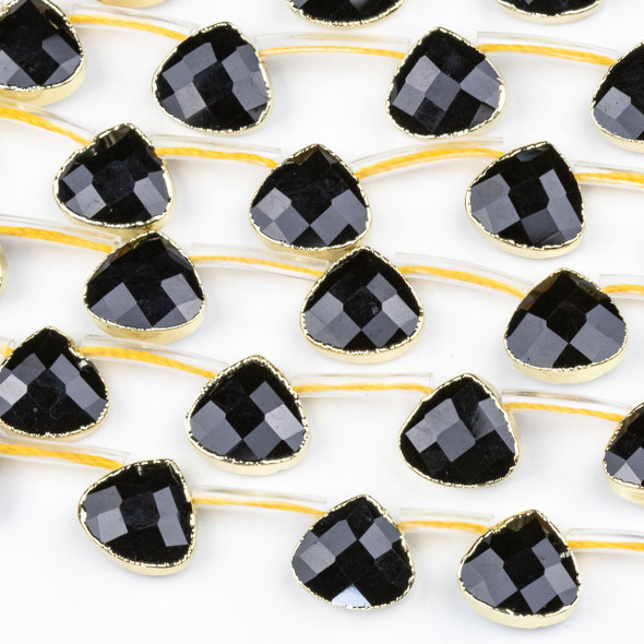Crystal 12x13mm Opaque Black Faceted Top Drilled Teardrop Beads with Golden Foil Edges - 7 inch strand