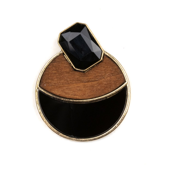 Mosaic Aspen Wood, Black Glass, & Gold Colored Pewter 40x50mm Coin Pendant with Black Crystal Octagon - 1 per bag