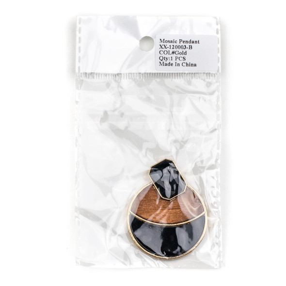 Mosaic Aspen Wood, Black Glass, & Gold Colored Pewter 40x50mm Coin Pendant with Black Crystal Octagon - 1 per bag