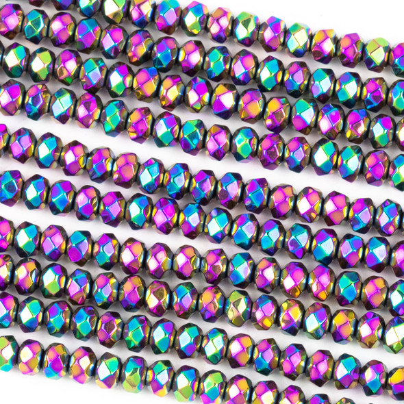 Hematite 3x4mm Electroplated Purple Rainbow Faceted Rondelle Beads - approx. 8 inch strand