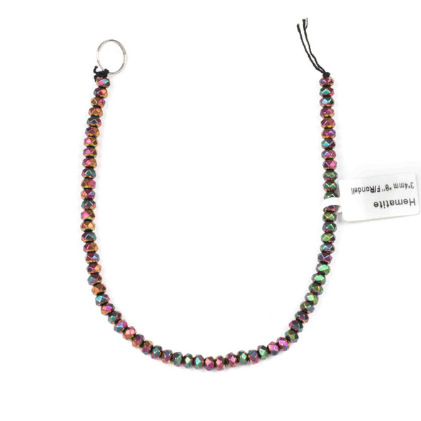 Hematite 3x4mm Electroplated Fuchsia Rainbow Faceted Rondelle Beads - approx. 8 inch strand