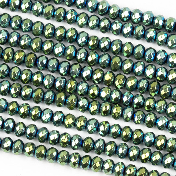 Hematite 3x4mm Electroplated Green Faceted Rondelle Beads - approx. 8 inch strand