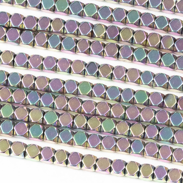 Hematite 3mm Electroplated Pink Rainbow Faceted Cube Beads - approx. 8 inch strand