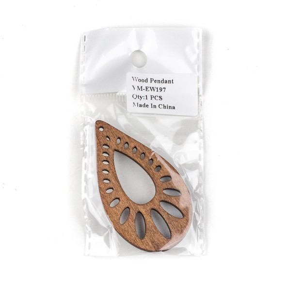 Aspen Wood Laser Cut 36x53mm Brown Teardrop Pendant with Oval Cut Outs - 1 per bag