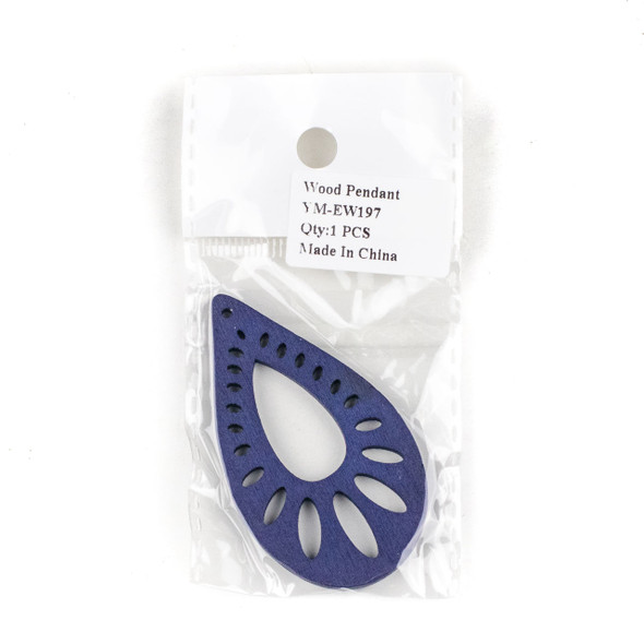 Aspen Wood Laser Cut 36x53mm Blue Teardrop Pendant with Oval Cut Outs - 1 per bag