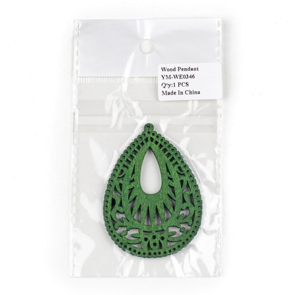 Aspen Wood Laser Cut 49x67mm Green Intricate Teardrop Pendant - 1 per bag