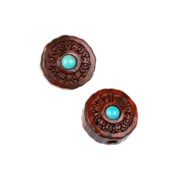 Carved Wood Focal Bead - 16mm Sandalwood Coin with Blue Howlite Center and Moon Phases, 1 per bag