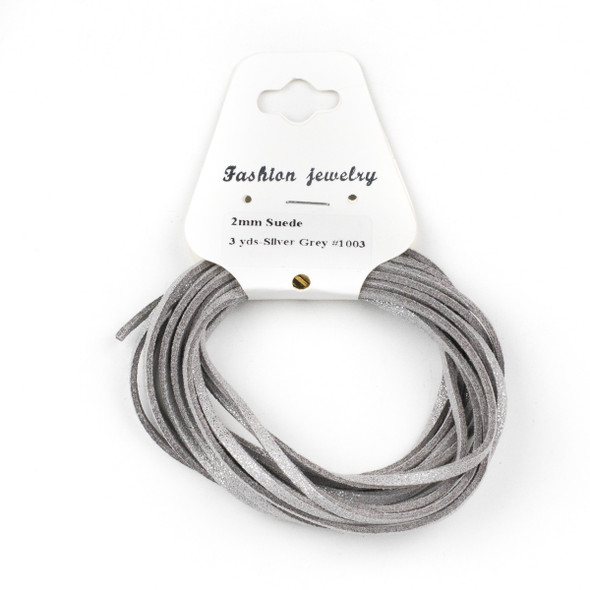 Silver Grey with Glitter Microsuede 1.5mm Thick, 2mm Wide Flat Cord - 3 yards