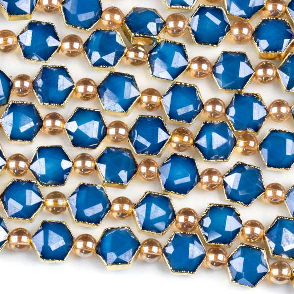 Crystal 10x12mm Opaque Navy Blue Faceted Hexagon Beads with Golden Foil Edges - 6 inch strand