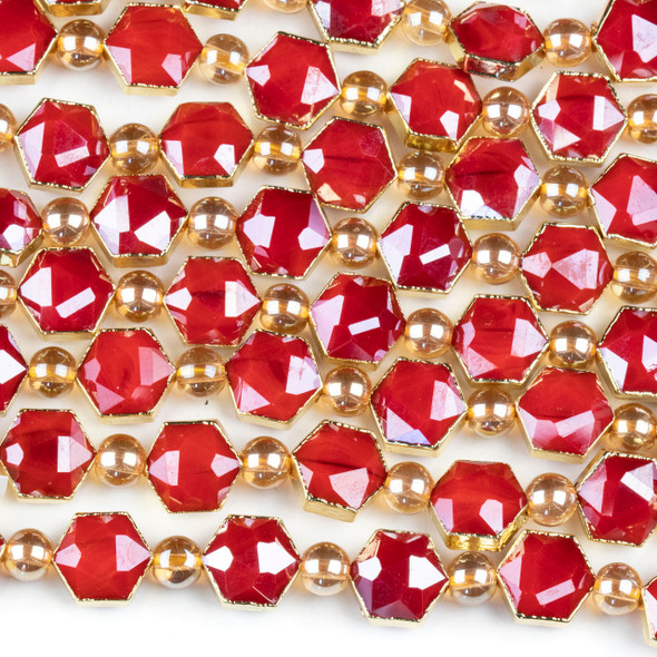 Crystal 10x12mm Opaque Red Faceted Hexagon Beads with Golden Foil Edges - 6 inch strand