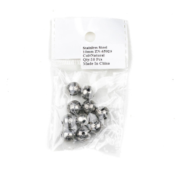 Natural Stainless Steel 10mm Guru Bead with Tribal Band - ZN-65929, 10 per bag