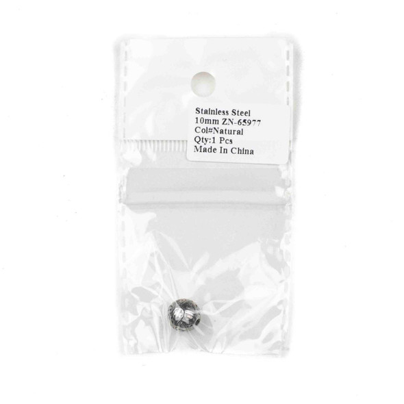 Cherry Tree Beads natural silver stainless steel 10mm guru bead, ZN-65977, single piece shown in retail packaging, clear presentation.