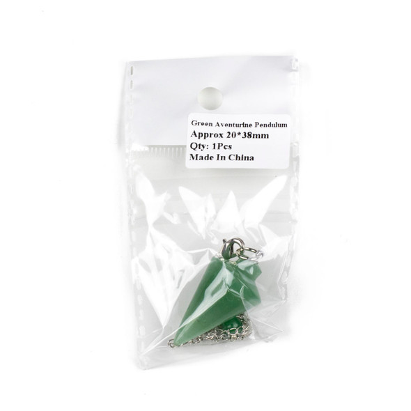 Green Aventurine 20x38mm Pendulum with 6.5" Silver Plated Brass and 6mm Round Bead - 1 per bag