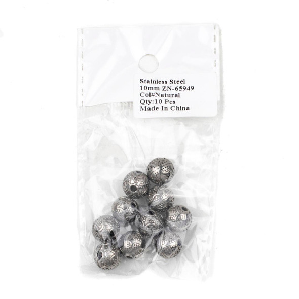 Bag of 10 natural silver stainless steel 10mm guru beads with detailed arches pattern, style ZN-65949, high-quality jewelry components offered by Cherry Tree Beads.