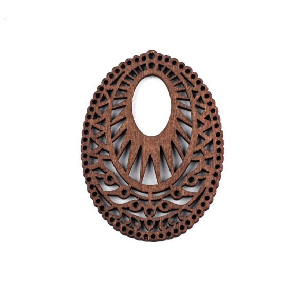 Aspen Wood Laser Cut 51x69mm Dark Brown Intricate Oval Pendant - 1 per bag