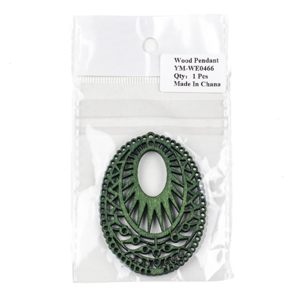 Aspen Wood Laser Cut 51x69mm Green Intricate Oval Pendant - 1 per bag