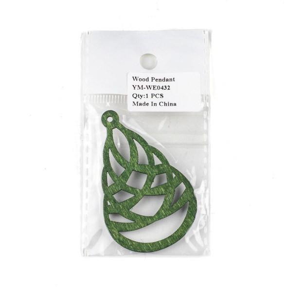 Cherry Tree Beads Aspen Wood Laser Cut 41x64mm Green Woven Teardrop Pendant - 1 per bag 