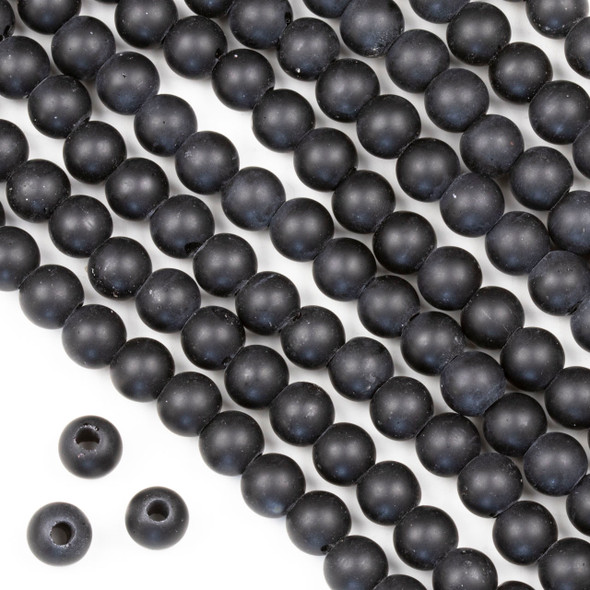 Large Hole Matte Glass, Sea Glass Style 8mm Black Round Beads - 8 inch strand