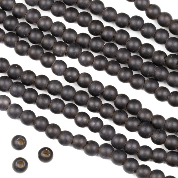 Large Hole Matte Glass, Sea Glass Style 6mm Black Round Beads - 8 inch strand