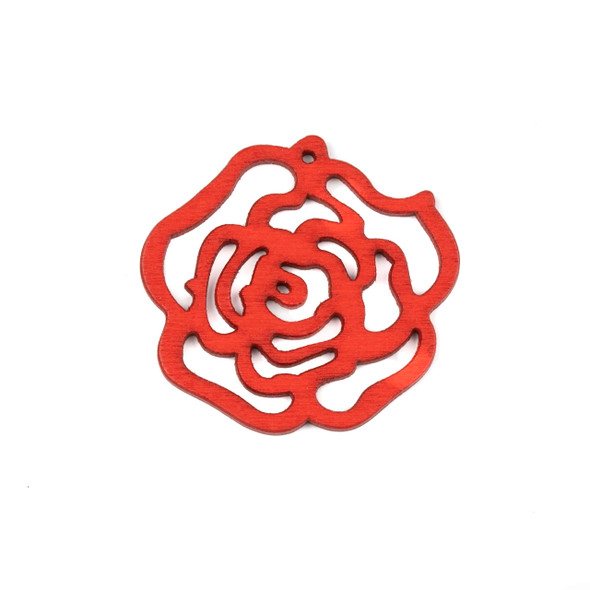 Aspen Wood Laser Cut 46mm Bright Red Cut Out Rose Pendant - 1 per bag