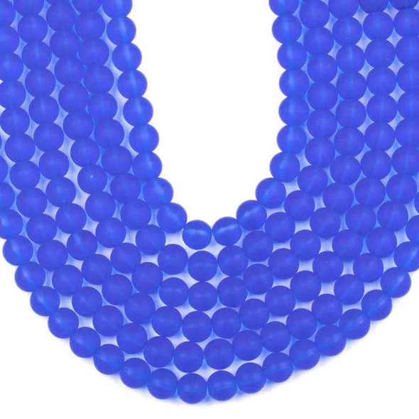 Matte Glass, Sea Glass Style 10mm Medium Cobalt Blue Round Beads - 16 inch strand