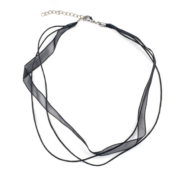 2 Strand Waxed Cord and Ribbon Necklace - Black, 1mm Cord, 10mm Ribbon, 16-18" with Silver Plated Copper Adjustable Clasp