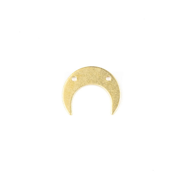 Brass horizontal crescent moon components with two side holes, available in raw and coated brass finishes, laid out for jewelry-making use.