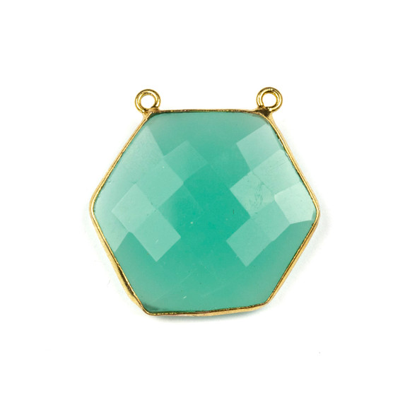Aqua Chalcedony 29mm Faceted Hexagon Pendant Drop with a Gold Plated Brass Bezel and 2 Loops - 1 per bag