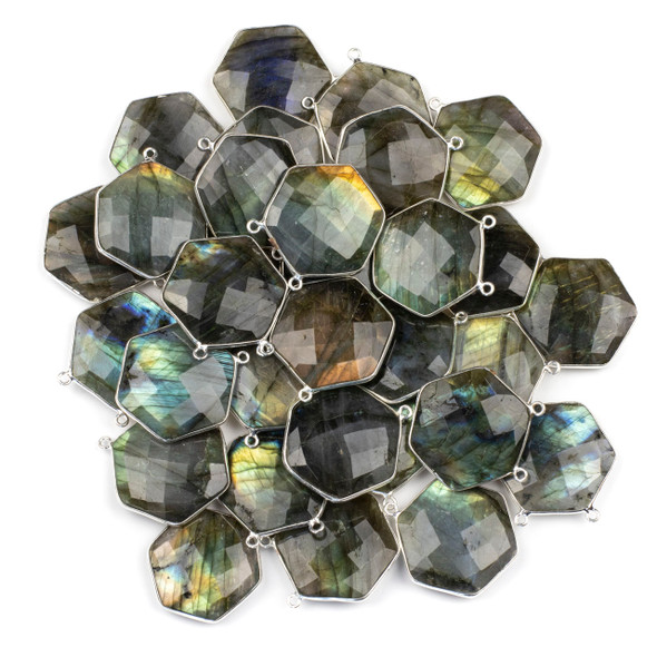 Labradorite 29mm Faceted Hexagon Pendant Drop with a Silver Plated Brass Bezel and 2 Loops - 1 per bag