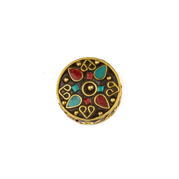 Tibetan Brass 22mm Coin Bead with Hearts and Red Coral and Turquoise Howlite Teardrop Inlay - 1 per bag