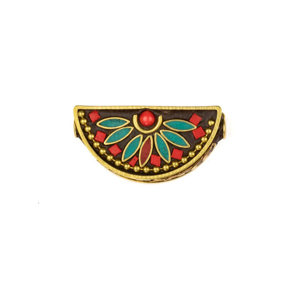 Cherry Tree Beads Tibetan Brass 16x31mm Fan Bead with Turquoise Howlite Marquis, Ball Chain, and Red Coral Round Inlay - 1 per bag