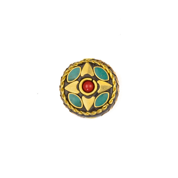 Tibetan Brass 19mm Coin Bead with Hearts, Turquoise Howlite Marquis, and Red Coral Round Inlay - 1 per bag