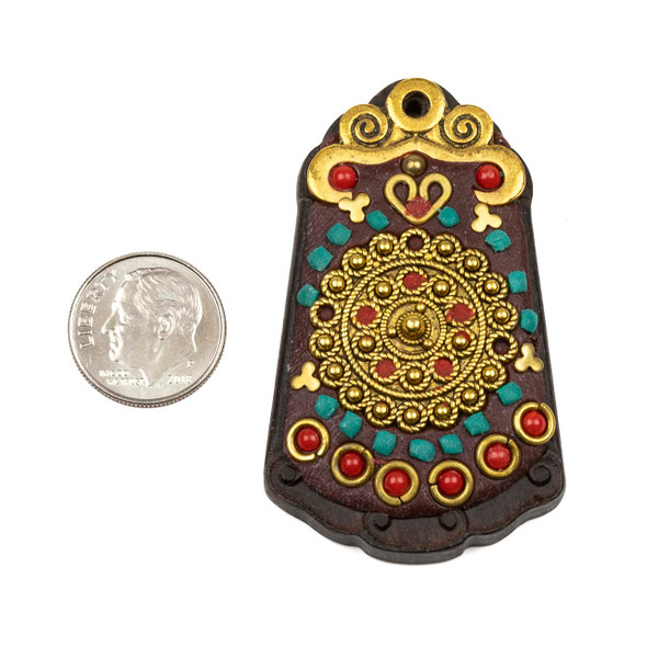 Tibetan Brass 22mm Coin Bead with Hearts and Red Coral and Turquoise Howlite Teardrop Inlay - 1 per bag