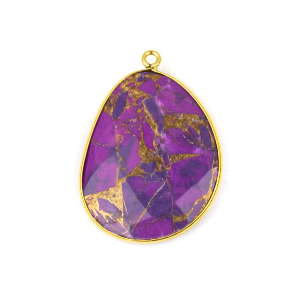 Purple Copper Turquoise 22x30mm Faceted Free Form Drop with a Gold Plated Brass Bezel and Loop - 1 per bag