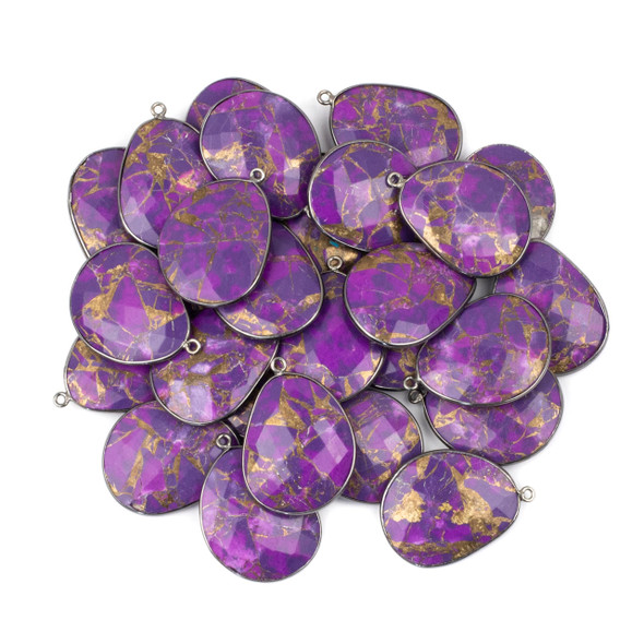 Purple Copper Turquoise 22x30mm Faceted Free Form Drop with a Gun Metal Plated Brass Bezel and Loop - 1 per bag