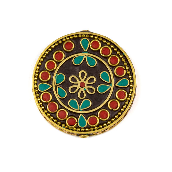 Tibetan Brass 44mm Coin Focal Bead with Flower, Circles, Red Coral, and Turquoise Howlite Inlay - 1 per bag