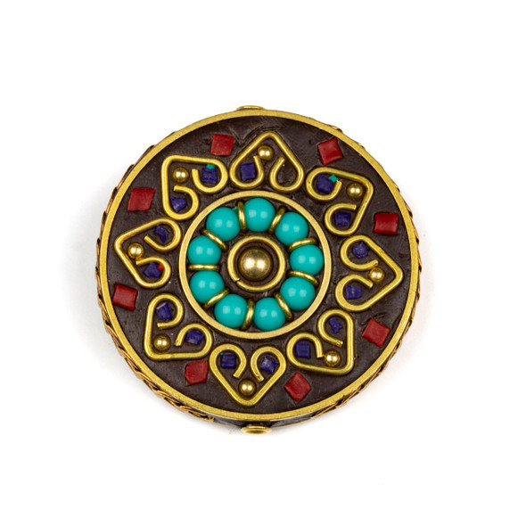 Tibetan Brass 44mm Coin Focal Bead with Turquoise Howlite Rounds in a Circle, Hearts, and Red Coral Inlay - 1 per bag