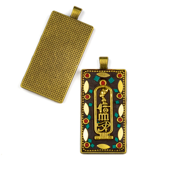 Tibetan Brass 28x61mm Rectangle Pendant with Eye of Horus, Red Coral, and Turquiose Howlite Inlay - 1 per bag