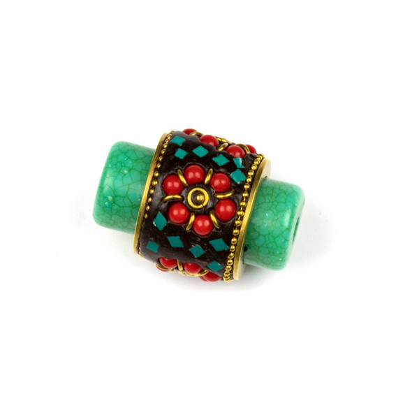 Tibetan Brass 22x33mm Green Tube Focal Bead with Red Coral Medallion and Turquoise Howlite Inlay - 1 per bag