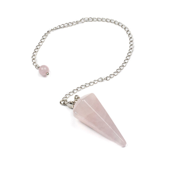 Faceted Rose Quartz 20x40mm Pendulum with 7" Silver Plated Brass Chain and 6mm Round Bead - 1 per bag
