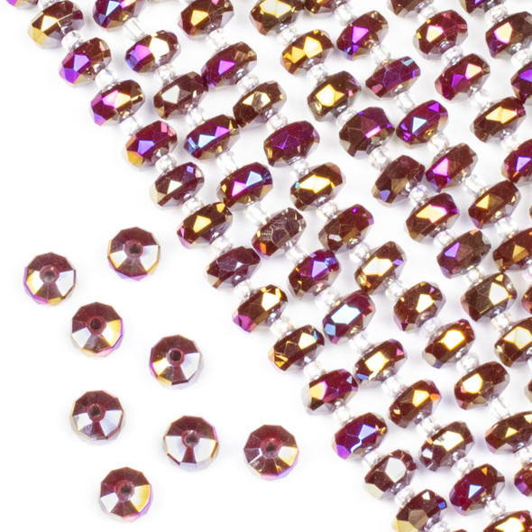 Crystal 5x8mm Opaque Raspberry Red Faceted Heishi Beads with an AB finish - 16 inch strand