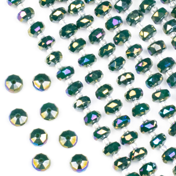 Crystal 5x8mm Opaque Pine Green Faceted Heishi Beads with an AB finish - 16 inch strand