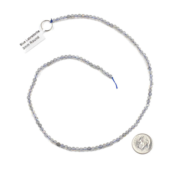 Cherry Tree Beads Natural Blue Labradorite 3mm Round Beads shown next to a coin for size reference on a 15-inch strand of natural gemstone beads.