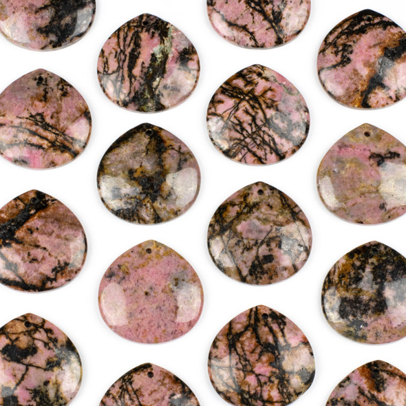 Rhodonite 40mm Top Front to Back Drilled Almond Pendant with a Flat Back - 1 per bag