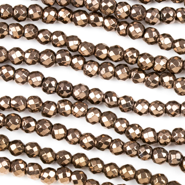 Hematite 4mm Electroplated Bronzite Faceted Round Beads - approx. 8 inch strand