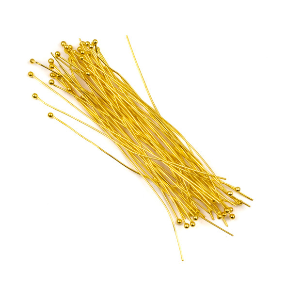 Gold Plated Brass 3 inch, 22g Headpins/Ballpins with a 2mm Ball - 50 per bag