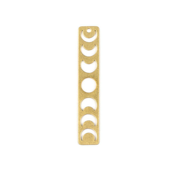 Brass 7x40mm moon phases rectangle drop components in raw and coated finishes, with etched lunar design – 6 pieces shown flat on a white background.
