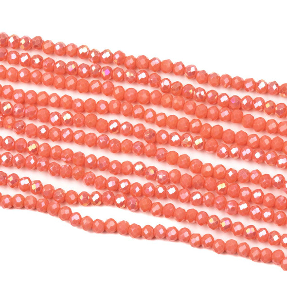 Crystal 2x2mm Opaque Coral Pop Faceted Rondelle Beads with an AB finish - Approx. 15 inch strand