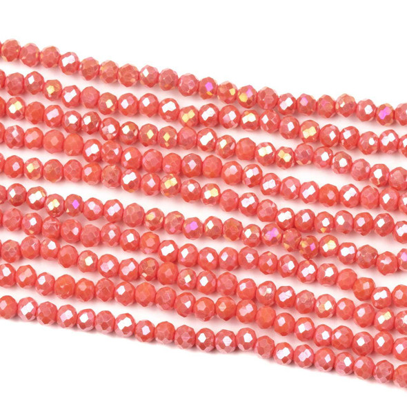 Cherry Tree Beads Crystal 2x3mm Opaque Coral Pop Faceted Rondelle Beads with an AB finish - Approx. 15 inch strand 