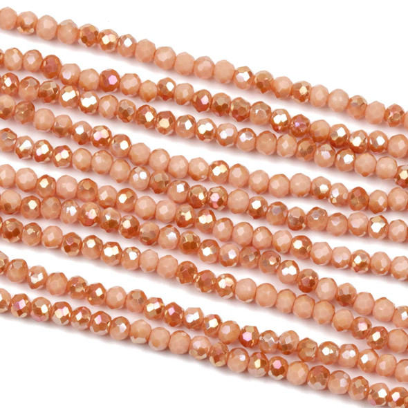 Crystal 2x2mm Opaque Amber Kissed Peach Fuzz Rondelle Beads with an AB finish - Approx. 15.5 inch strand